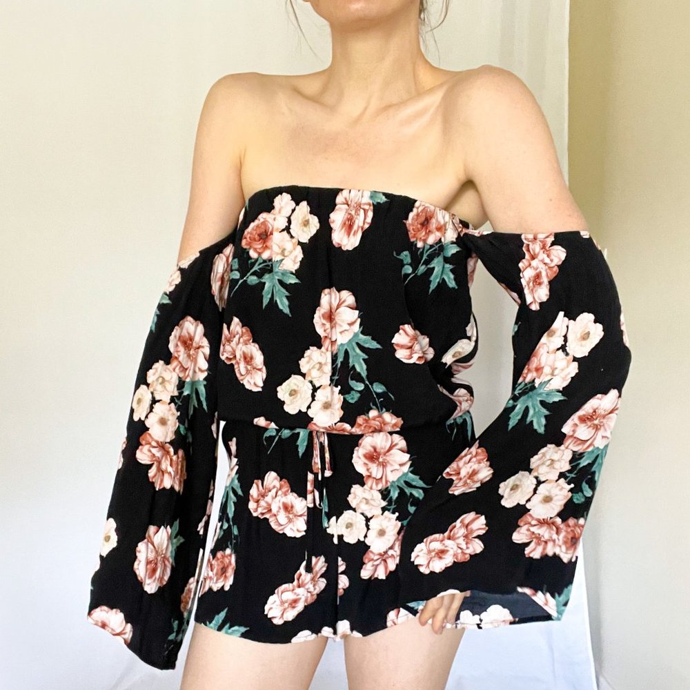 Forever 21 Black Off The Shoulder Floral Flowy Boho Romper